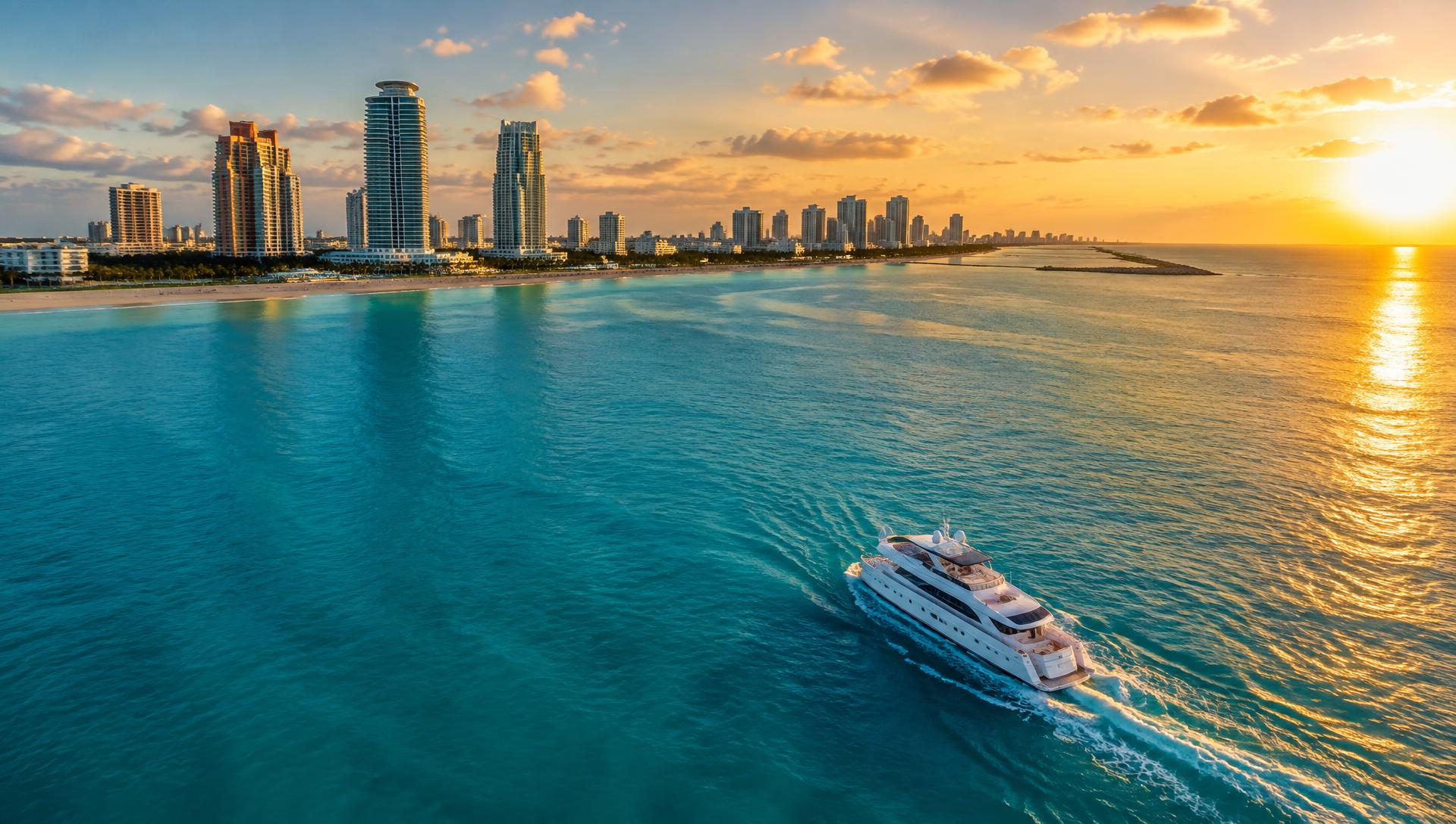 Luxury yacht cruising off the Miami Beach skyline at sunset